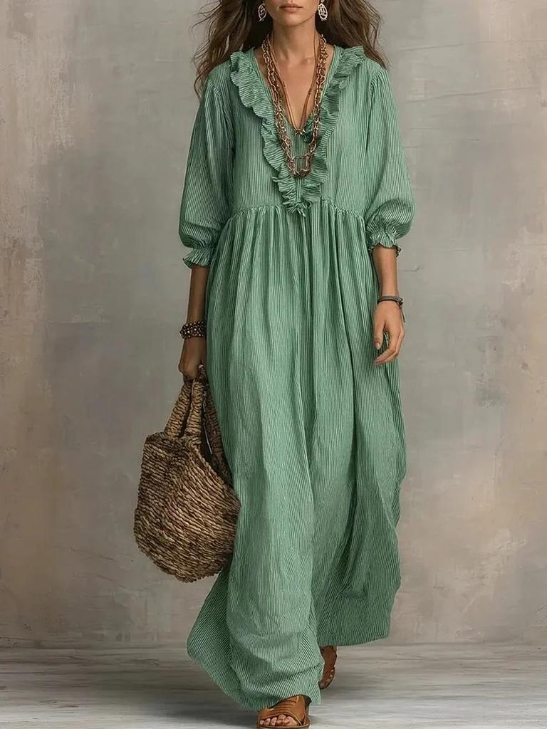 New Striped Ruffled High Waist V-Neck Loose Dress