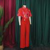 D341 European/American Summer Printed Stand-Up Collar Long Sleeve Shirt & Wide-Leg Pants Two-Piece Fashion Suit