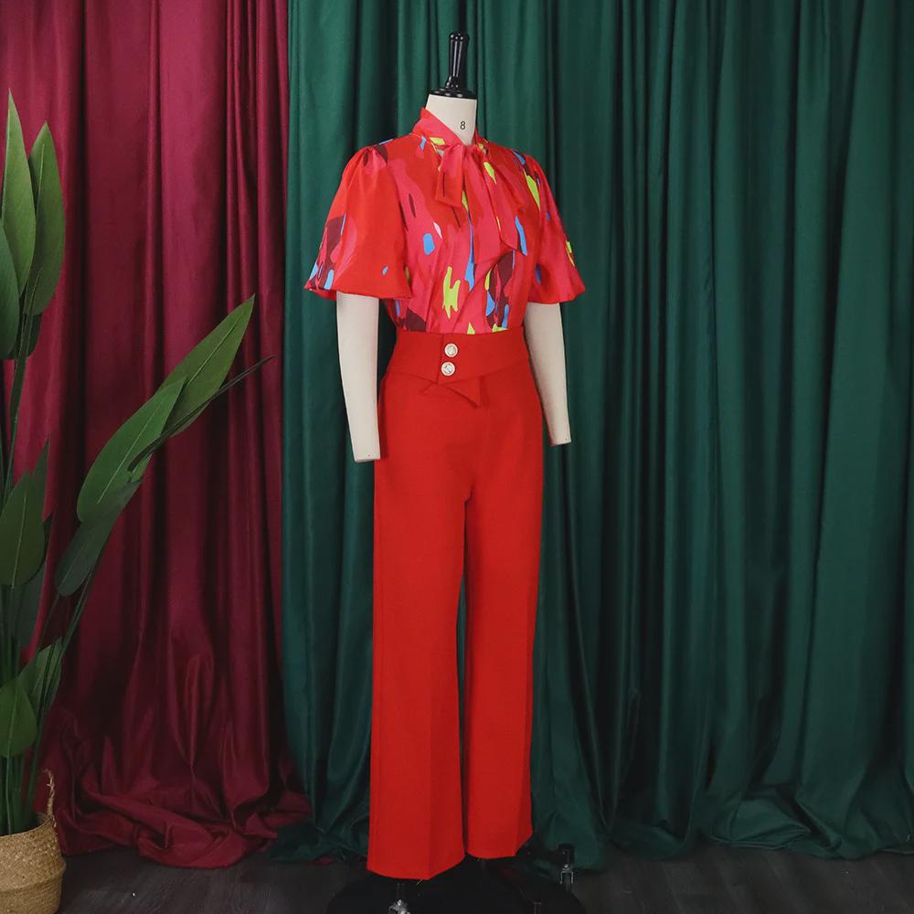 D341 European/American Summer Printed Stand-Up Collar Long Sleeve Shirt & Wide-Leg Pants Two-Piece Fashion Suit