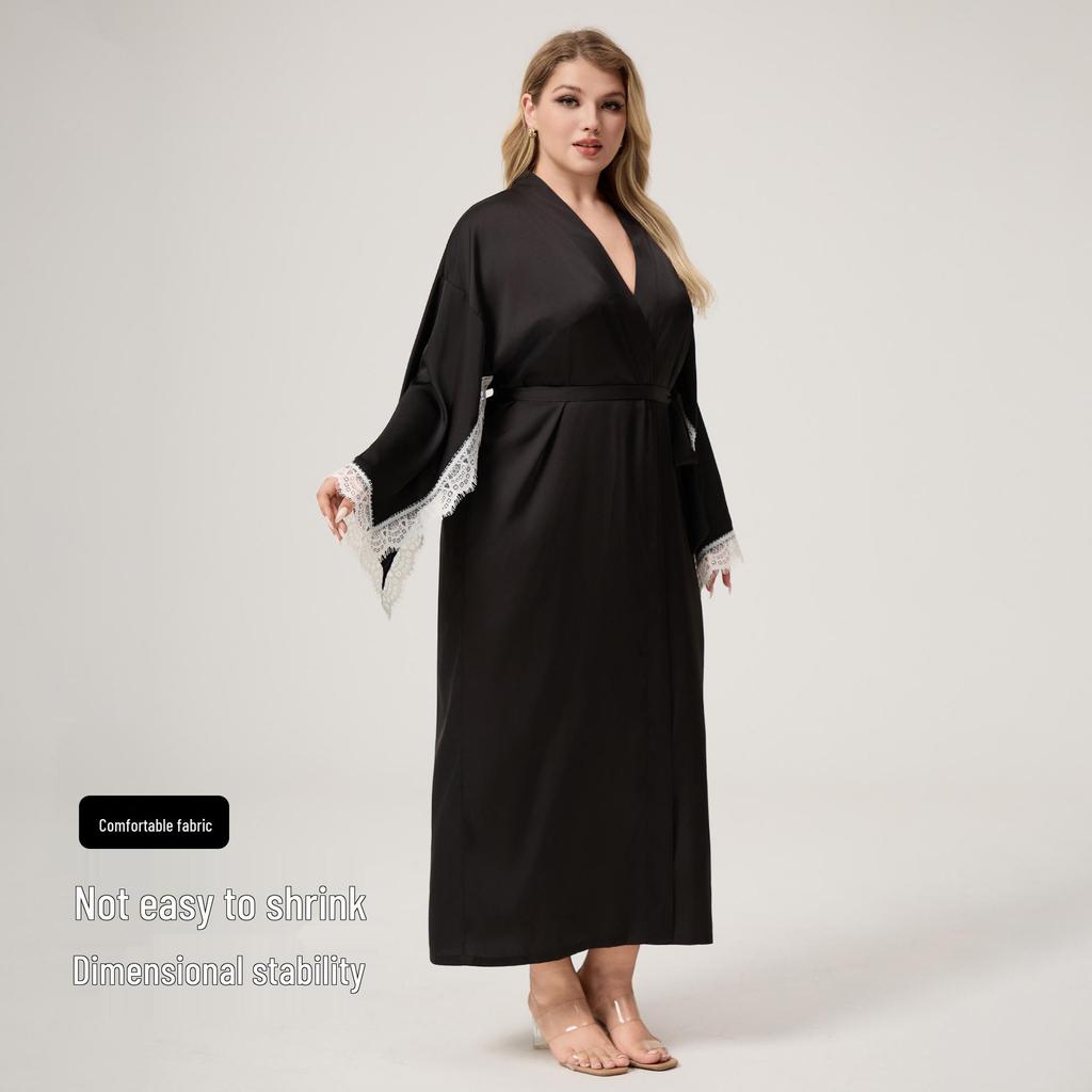 Yaoting Satin Chiffon Lace-Trimmed Women's Robe - Long Sleeve, Plus Size, Spring/Autumn Pajamas, CP3820