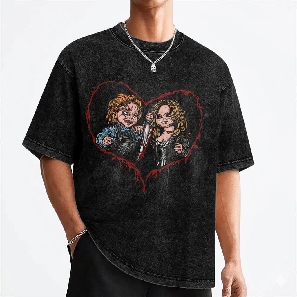 Horror Movie Chuckys T Shirts Washed Short Sleeve Harajuku T-Shirts Halloween Novelty for Men Women Streetwear Graphic Tee Shirt