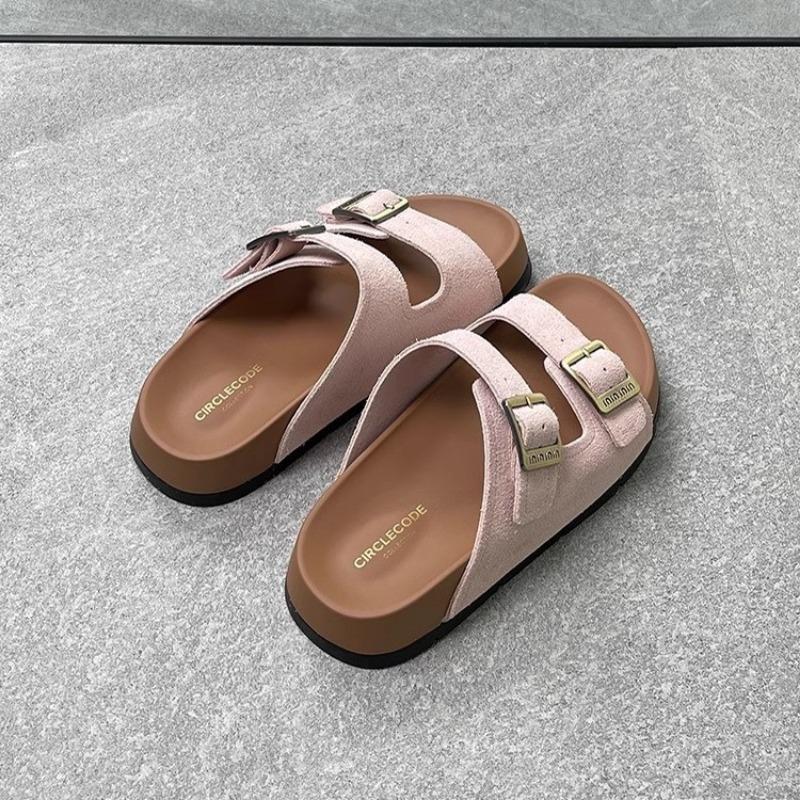 Leather Platform Slippers Women's Wear Spring and Summer New Belt Buckle One-word Drag Versatile Sandals