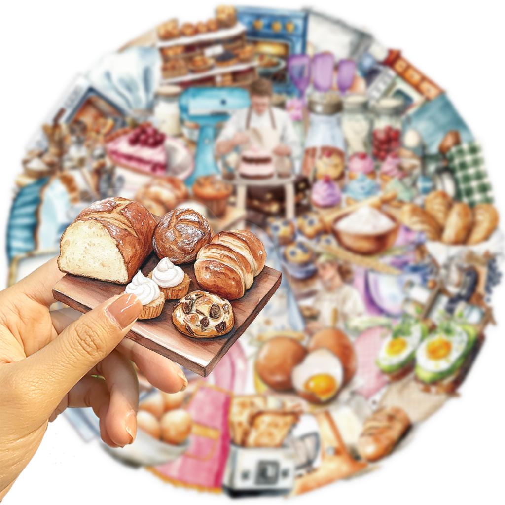 50pcs Baking Theme Stickers Bread Dessert Doodle Transparent Waterproof Cell Phone Laptop Cup Luggage Decoration Stickers