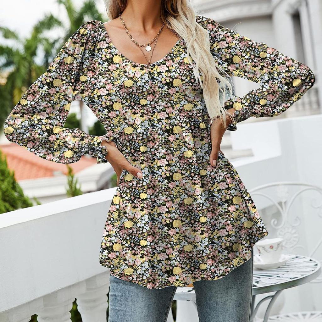 Rudens moteriškas senovinis gėlių raštas marškinėliai su pūstomis rankovėmis, laisvai susilankstę šifono viršus