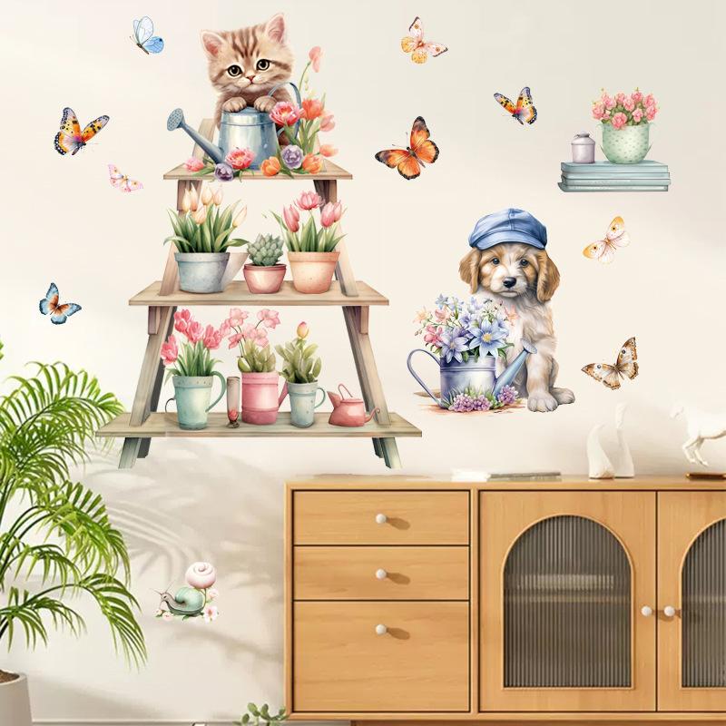 Cartoon Cat Flowers Potted Plants Wall Stickers Fake Windows Warm Bedside Bedroom Decorative Decal Stickers Wallpaper