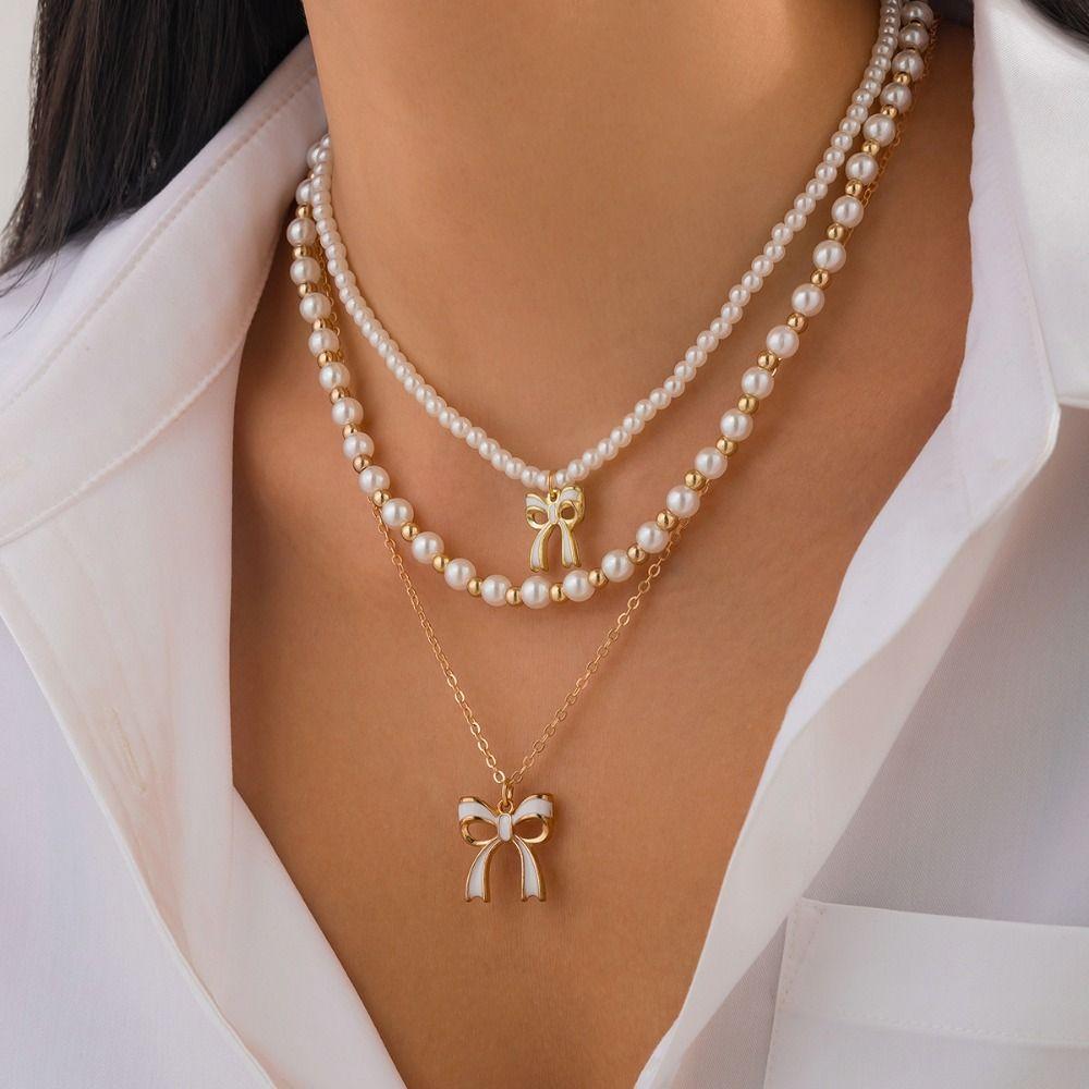 Pendant Clavicle Chain Women Bead Bowknot Clavicle Necklace Fashion Y2K Multilayer Necklace  Ladies