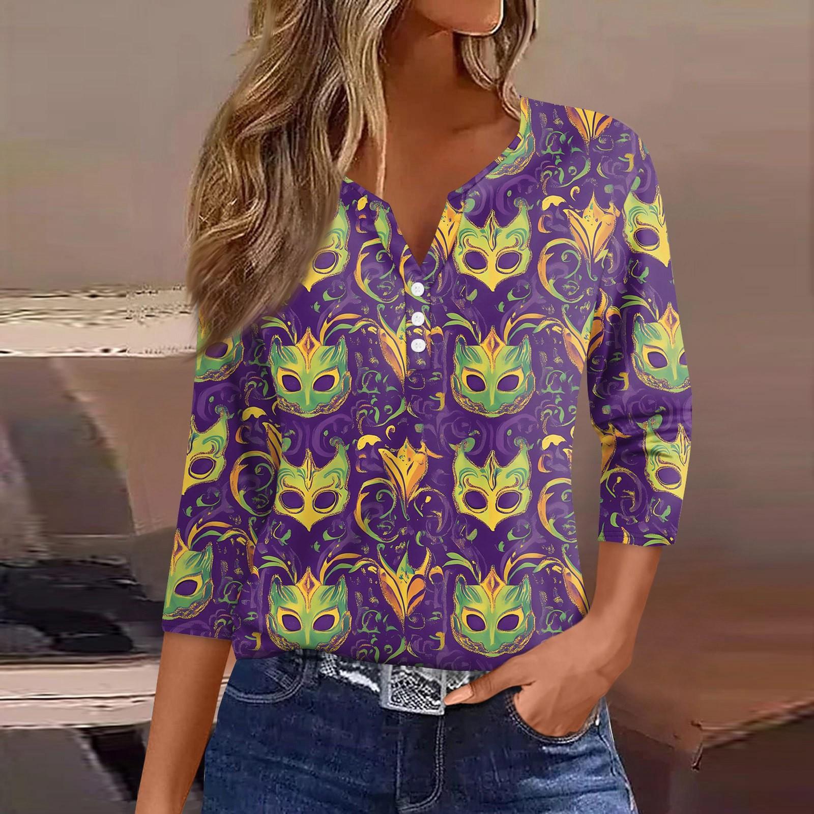 

Жен. Футболка С принтом Пуговицы Рукав 3/4 Повседневные Выходные Мода Классический Классический V-образный вырез Обычный Верх S фиолетовый