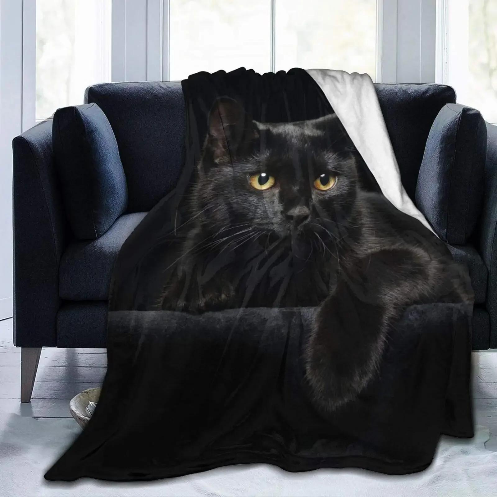 Cute Black Cat with Yellow Eyes Soft Throw Blanket All Season Warm Blankets Lightweight Fuzzy Flannel Throw Blanket for Bed Sofa 75X95CM