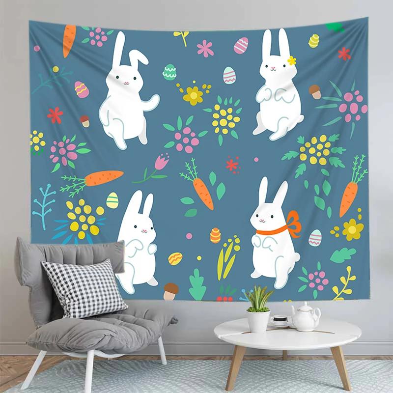 Cute Rabbit Print Tapestry for Girl Boys Dorm Room Decor Easter Rabbit Wall Hanging Kawaii Greetings and Presents for Easter Day
