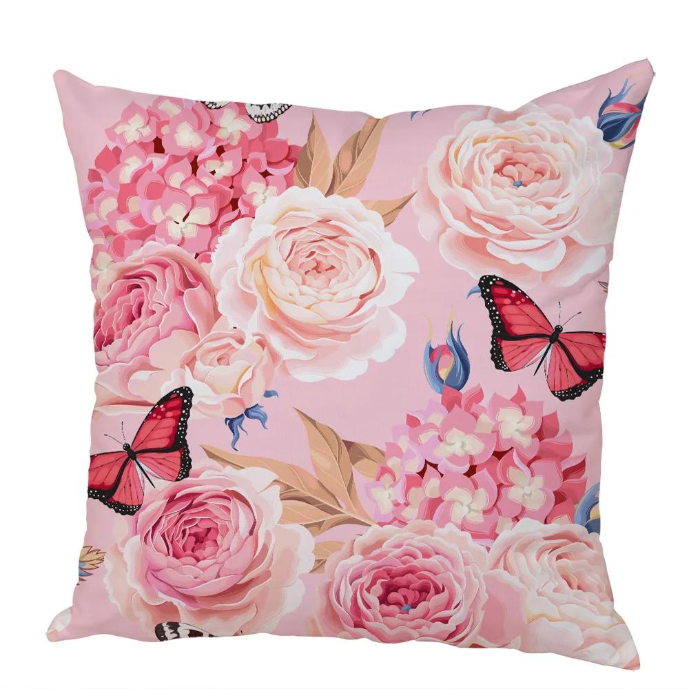Nordic Style Rose Flower and Birds Pillow Case Cushion Cover for Car Peach Skin Decor Flower Plant Animal Throw Pillowcase