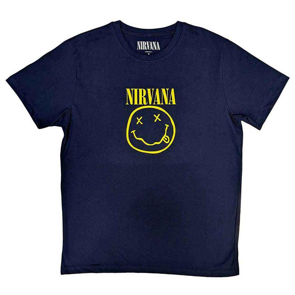 Nirvana T Shirt Yellow Smile Band Logo new Official Unisex Navy Blue