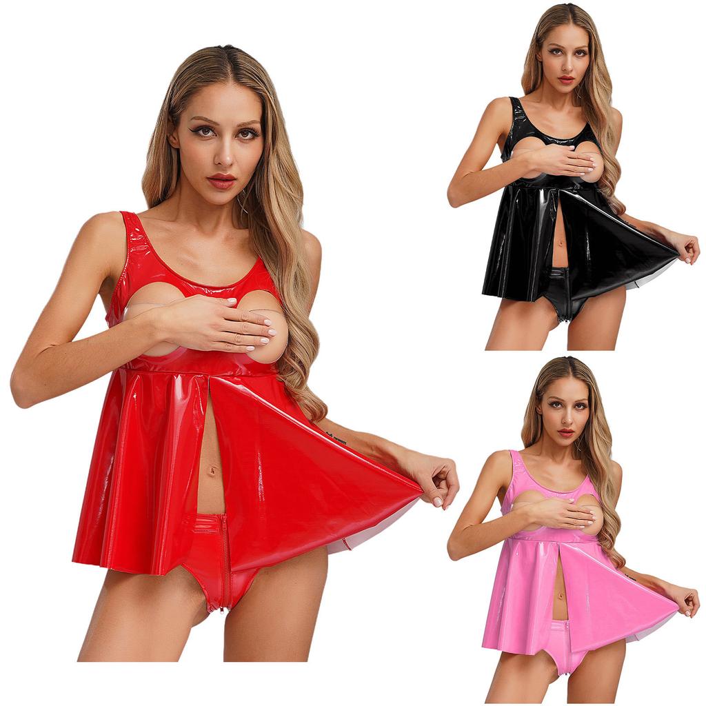 Women Wet Look Patent Leather Lingerie Tops Sleeveless Hollow Out Front Slit Ruffle Clubwear Nightwear Rave Outfit