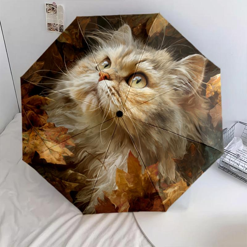Persian Cat and Plant pattern, automatic folding umbrella, portable and foldable design, 8 ribs, a Christmas or birthday gift.