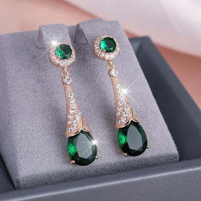 Luxury Green Zircon Water Drop Earrings for Women Gold Color Long Drop Earrings Girls Wedding Party Jewelry