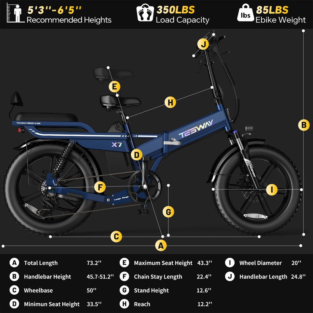 Tesway X7 City Commuter E-Bike, 750W, 48V 30Ah, Up To 45km/h, Full Suspension, Shimano 7-Speed, 20"×4.0" Tires, Disc Brakes, Foldable Design, IPX6