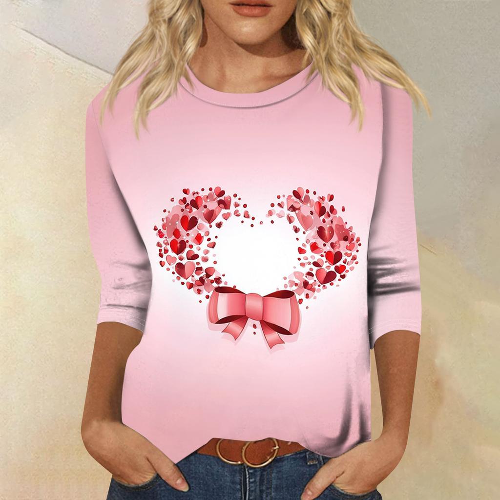 Women's Fashionable Casual Three-quarter Sleeve Valentine's Day Printed Round Neck Top