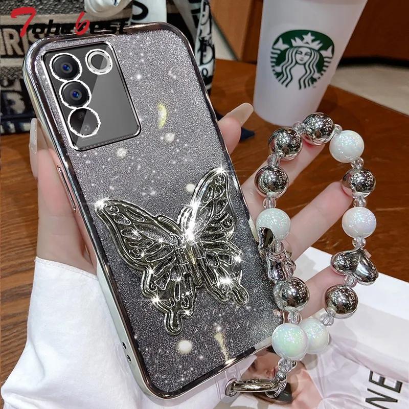 3D Butterfly Phone Holder Bead Bracelet Glitter Plating Case for Samsung Galaxy S24 S23 S22 S21 S20 FE Ultra S10 Plus Cover