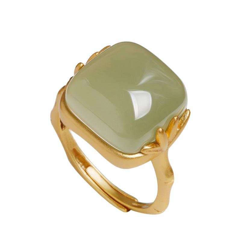 PANJBJ Anello Geometrico in Argento Sterling 925 con Giada di Hotan per Donna Ragazza Regolabile Gioielli Delicati Retrò Regalo di Compleanno Dropshipping