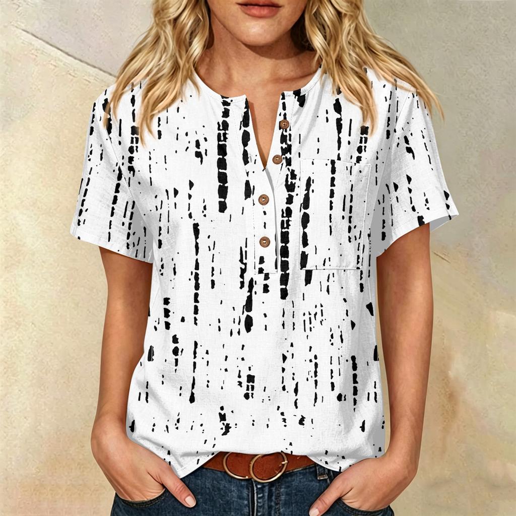 Women’s Fashion Printed Short Sleeve Cotton Linen Shirt with Henley Button Neckline and Chest Pocket for Casual Wear