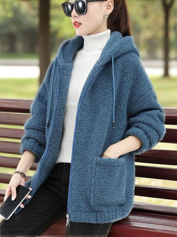 Lamb fleece hoodie for women with thickened fleece, loose autumn and winter Korean zipper cardigan, teddy fleece