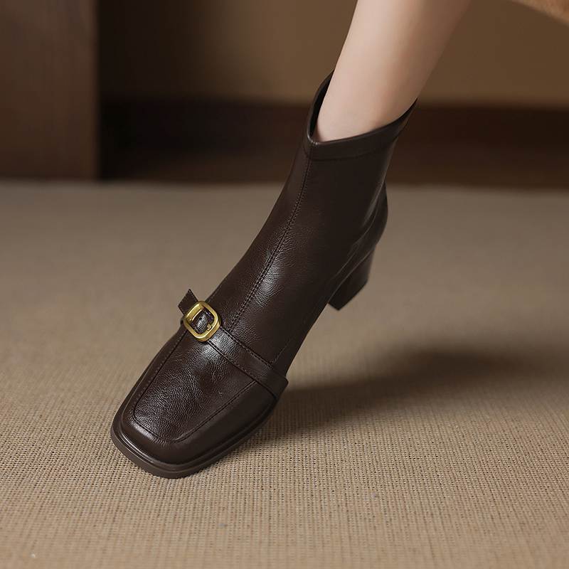 Krazing Pot Microfiber Square Toe Thick Heels Chelsea Boots Size 42 Zip Women Metal Buckle Elastic Ankle Boots