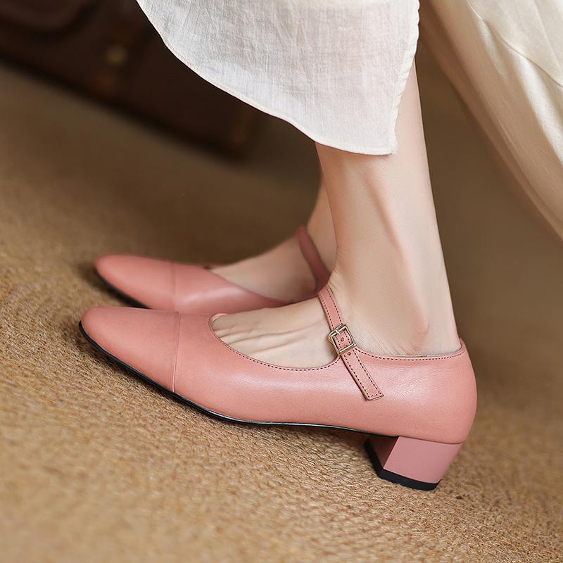 Krazing Pot Cow Skin Spring Summer Size 41 Thick Med Heels Women Round Toe Metal Buckle Straps Shallow Pink Color Pumps