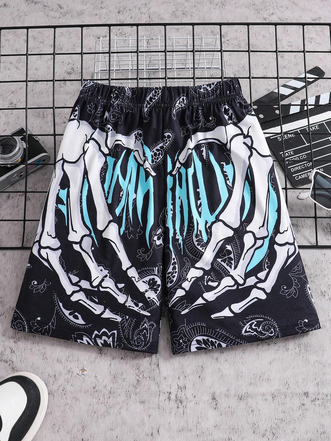Single-piece boys  street style hip-hop skull hand letter paisley pattern shorts, spring/summer style. 8Y чёрный
