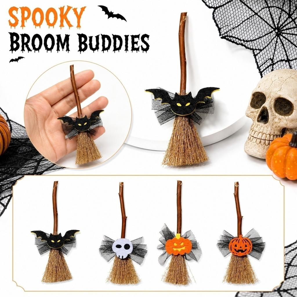 20pcs 14cm Halloween Witch Mini Broom Hanging Decoration with Bat Shaped Ornament for Party Home Office School Display