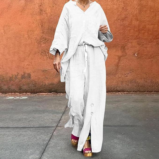 Ledig khakifärgad skjorta med knappar och vida byxor med dragsko i midjan