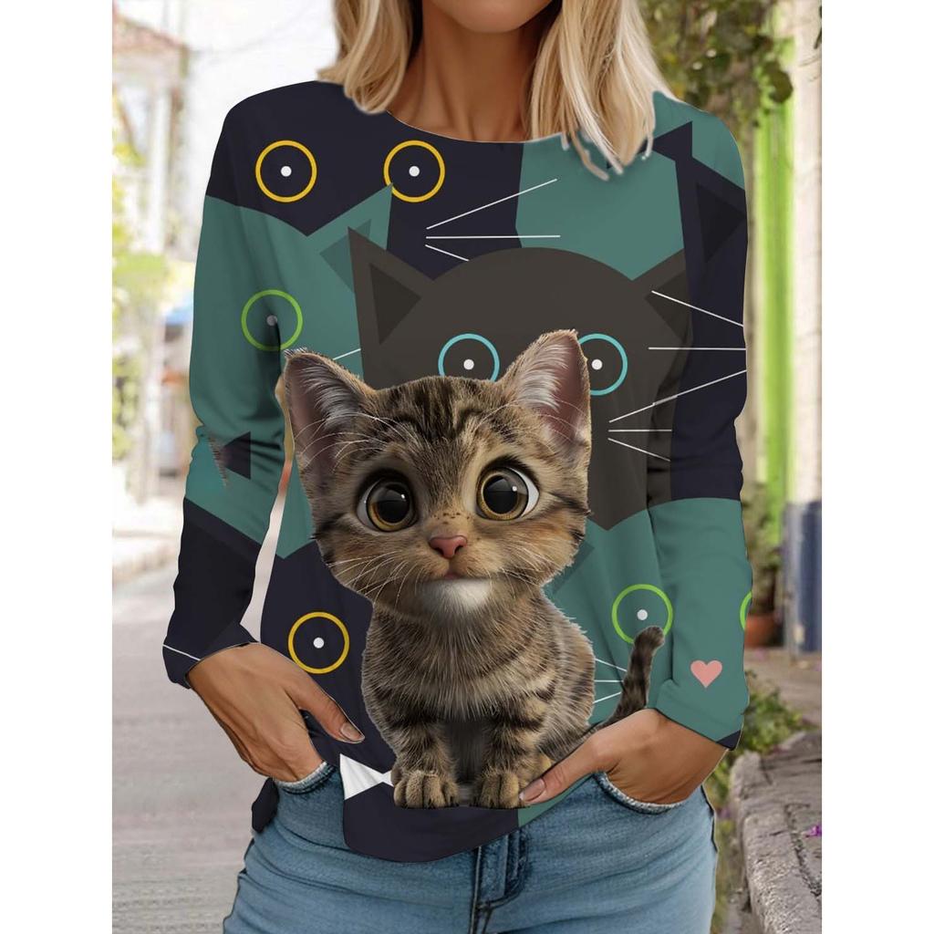 Christmas Cute Cat Women's Long Sleeve T-Shirt Autumn Animal Clothing Holiday Fashion Party T-Shirt