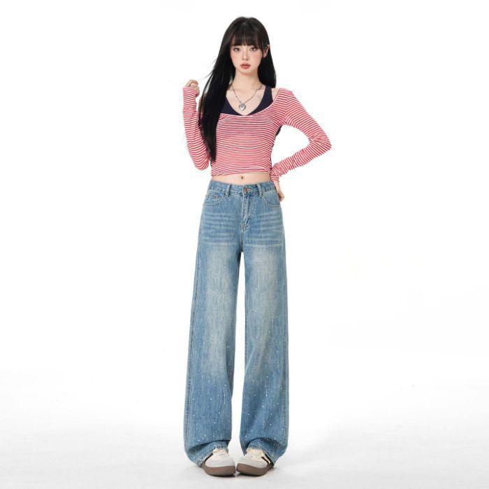 Early Spring Light Blue Narrow Full Rhinestone High Waist Non Stretch Slim Trendy Denim Pants Women Casual Pants Oversize Denim Trousers