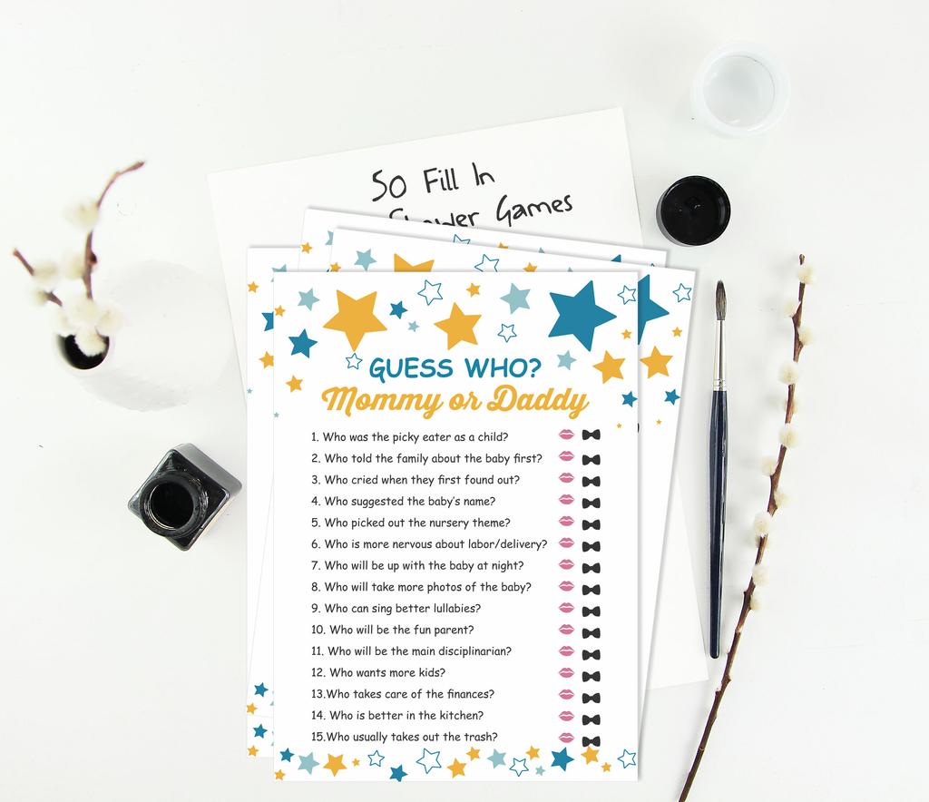 Inkdotpot Who said it Game Mommy Or Daddy 50 Sheet Fun Baby Shower Game Star Gender Neutral Party Supply