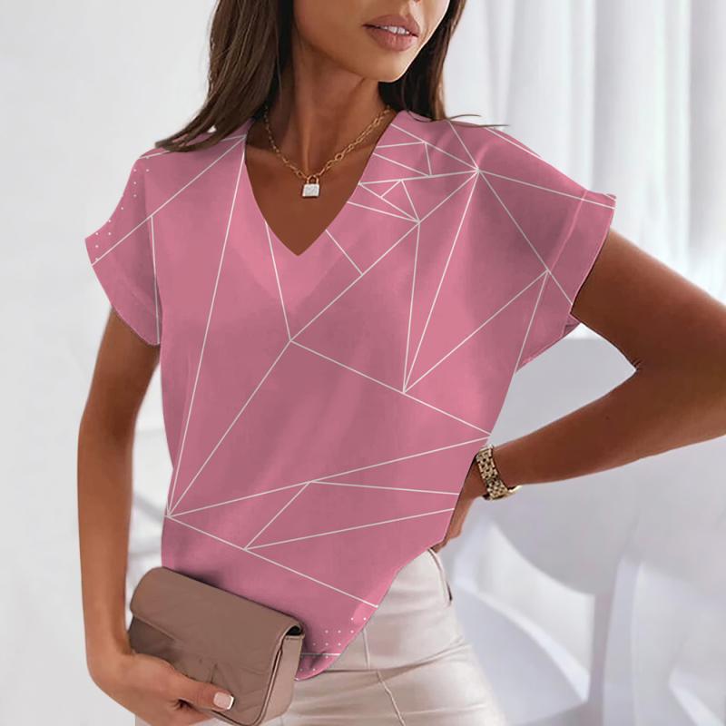Women's T-Shirt Geometric Tees V-neck Striped Female Short Sleeve Casual Streetwear New T-shirts Fashion Y2k Girl Clothes