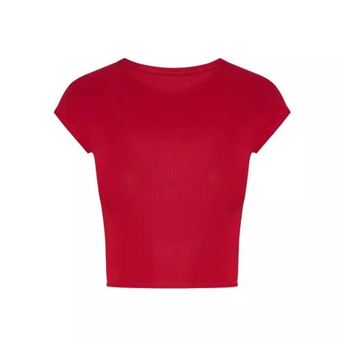 Summer explosion slim and thin short versatile top women's pure desire style Spice girl front shoulder crew neck T-shirt short sleeve ins tide