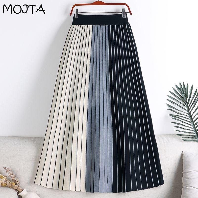 MOJTA Mid-length Skirt Spring Summer Women's Elastic High Waist Skirt A-line Long Skirt