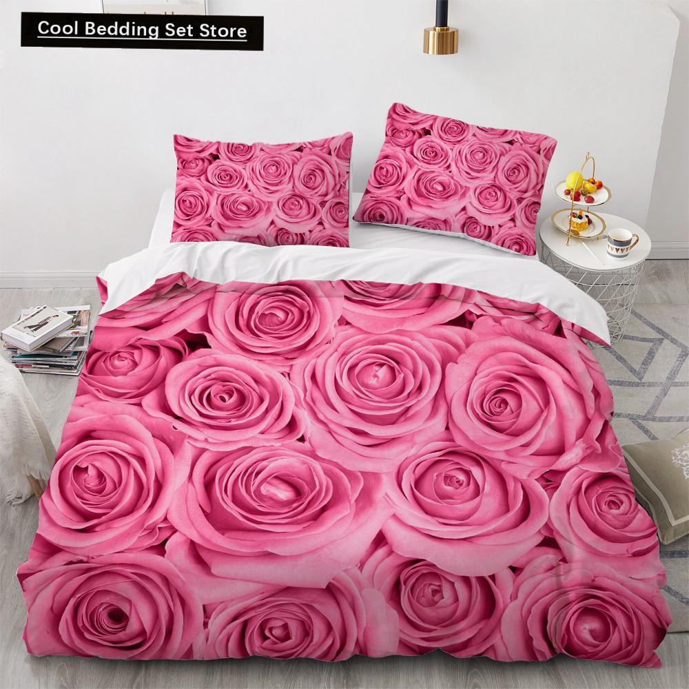 Goldene Rote Rose König Königin Bettbezug Romantisches Florales Bettwäscheset Valentinstag Blumen Steppdeckenbezug Polyester Bettdeckenbezug