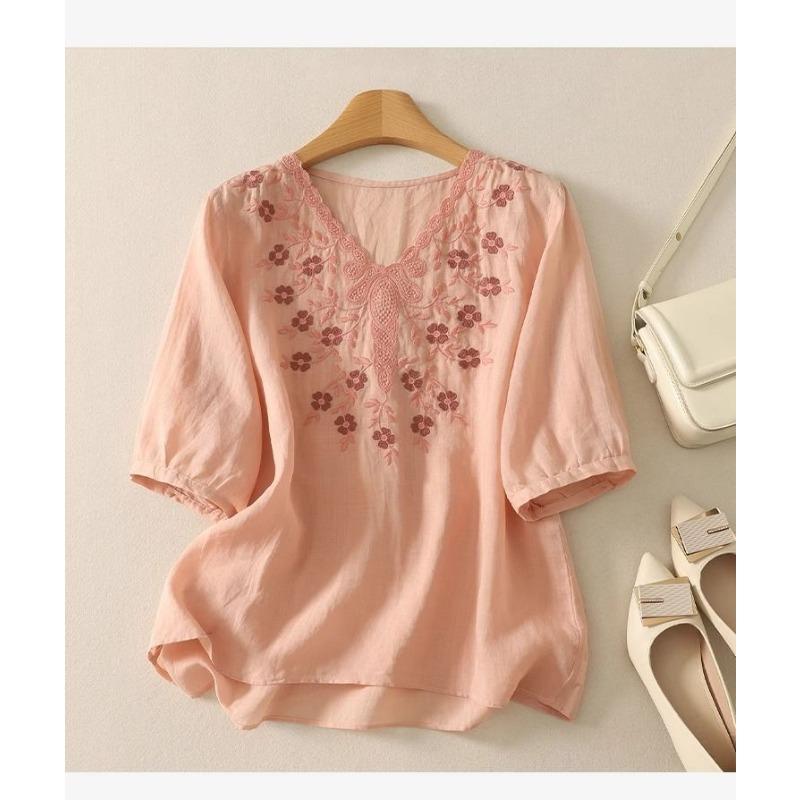 Women Summer V Neck Half Sleeve Floral Embroidery Casual Loose Blouse