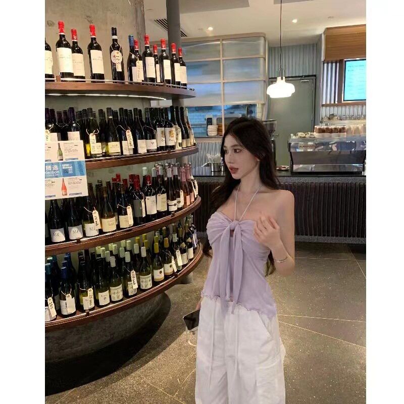 Summer Bow-Tie Strap Sexy Tube Top Hot Girl Off-Shoulder Top French Style Pure Desire Halter Neck Camisole for Women