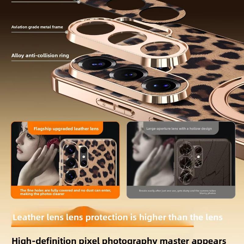 Genuine Leather Magnetic Phone Case for Samsung Galaxy S26 Ultra Case, New Leopard Print S26+ Rotating Stand Premium Phone Case
