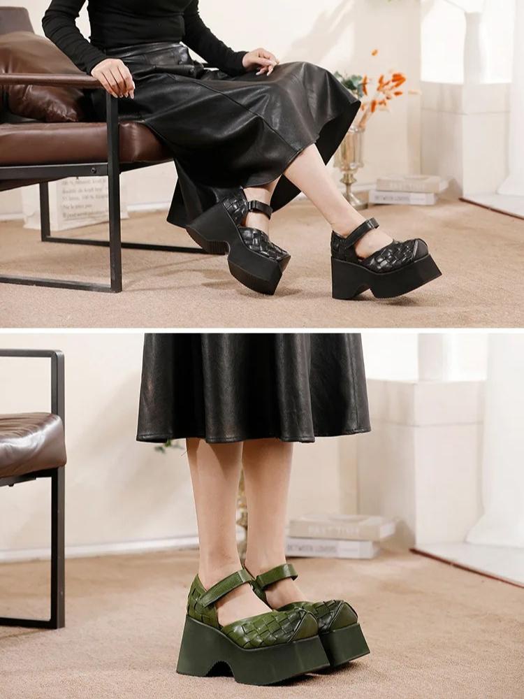 Johnature Cowhide Woven Thick Soled 10cm High Heels Shoes Retro Genuine Leather Women Wedge Sandals