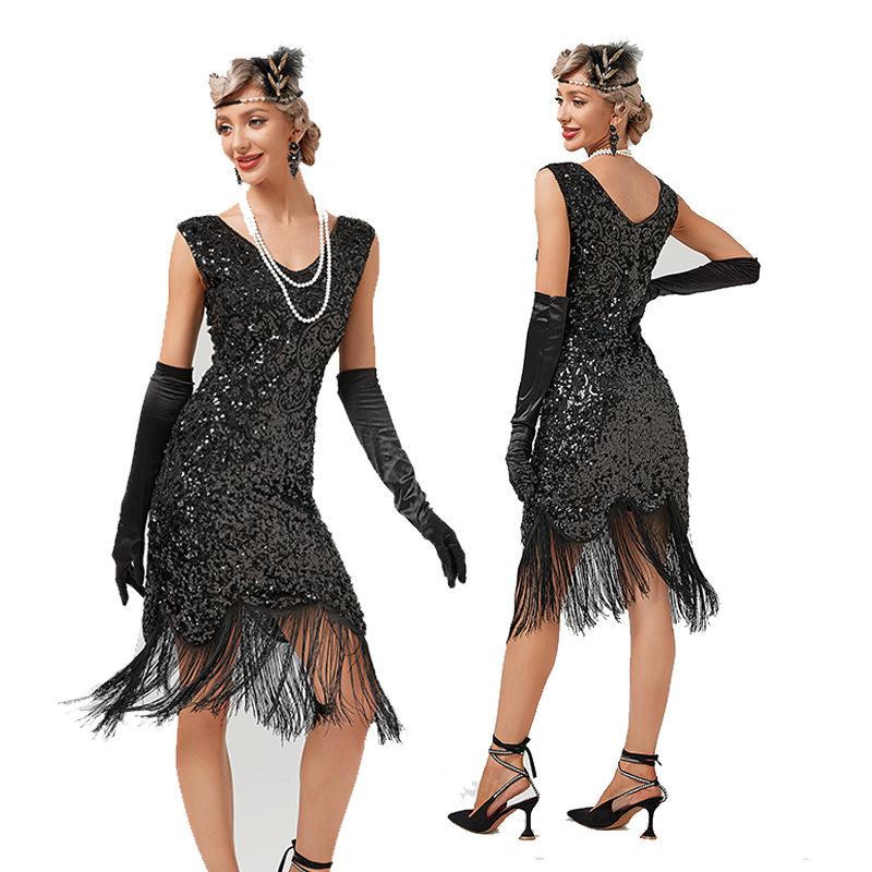 Vintage Sequin Dress Gatsby Ball Fringed Dress Party Banquet Dress Beaded Dress
