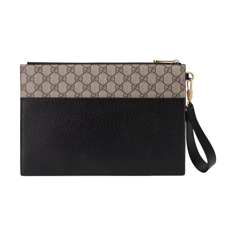 Gucci Zipper Closure with Cutout Interlocking Double G Logo Canvas and Leather Clutch Men's Black