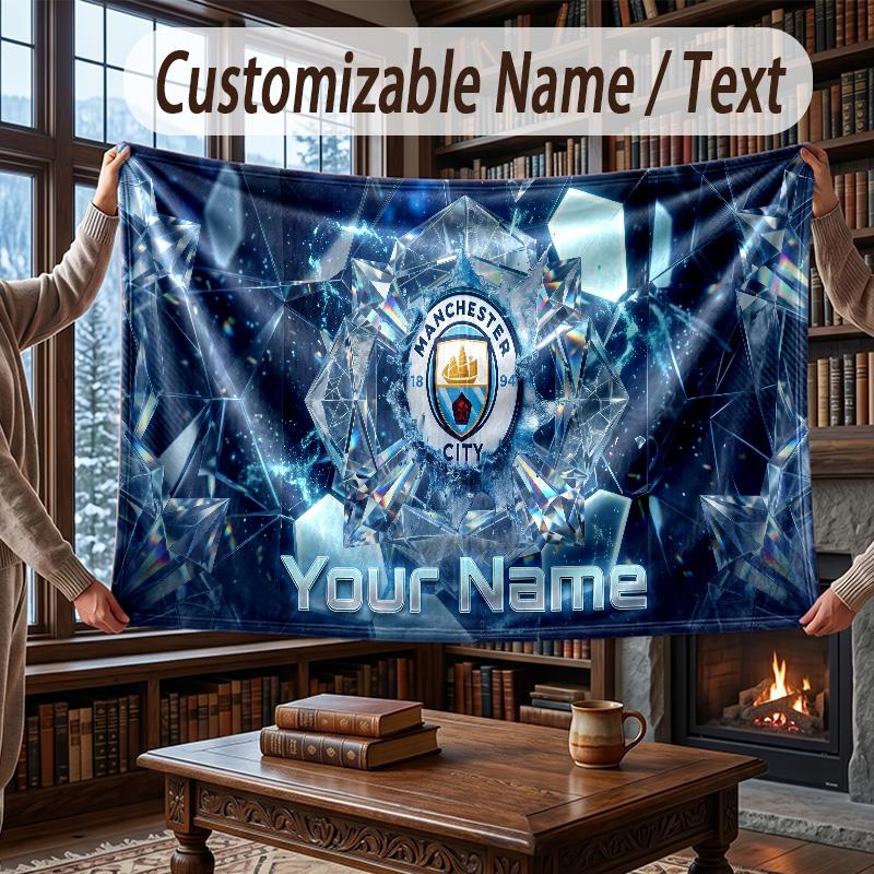Custom Name Flannel Throw Blanket Manchester City Pattern Warm Home Decoration
