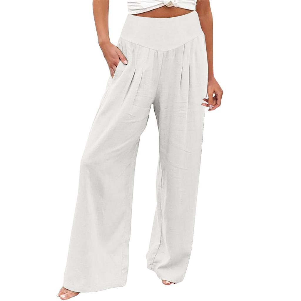 Summer Cotton Linen Wide Leg Pants Women Loose Palazzo Pant Pocket Elastic Waist Casual Pants