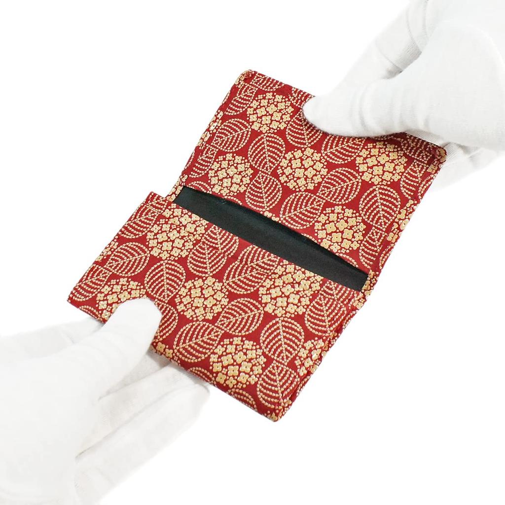[Inden-ya] Inden Business Card Case, Large Capacity, Deerskin Leather, Red with White Lacquer, Hydrangea Pattern, 2501-13-174