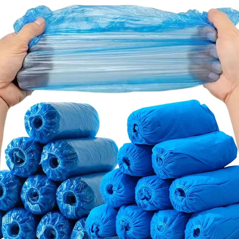 100PCS Disposable Plastic Fabric Shoe Covers Portable Non-slip Rain Mud-proof Shoe Covers Wear Waterproof Boot Covers Overshoes
