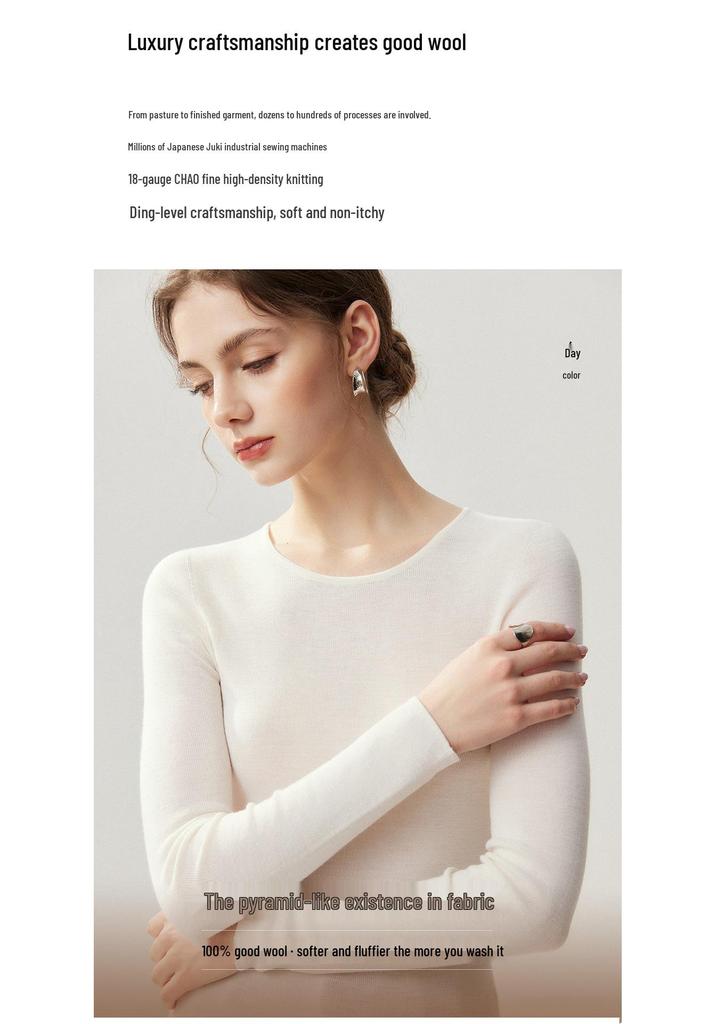 Premium Slim-Fit 100% Pure Wool Women's Round Neck Knit Sweater - Perfect for Autumn and Winter 