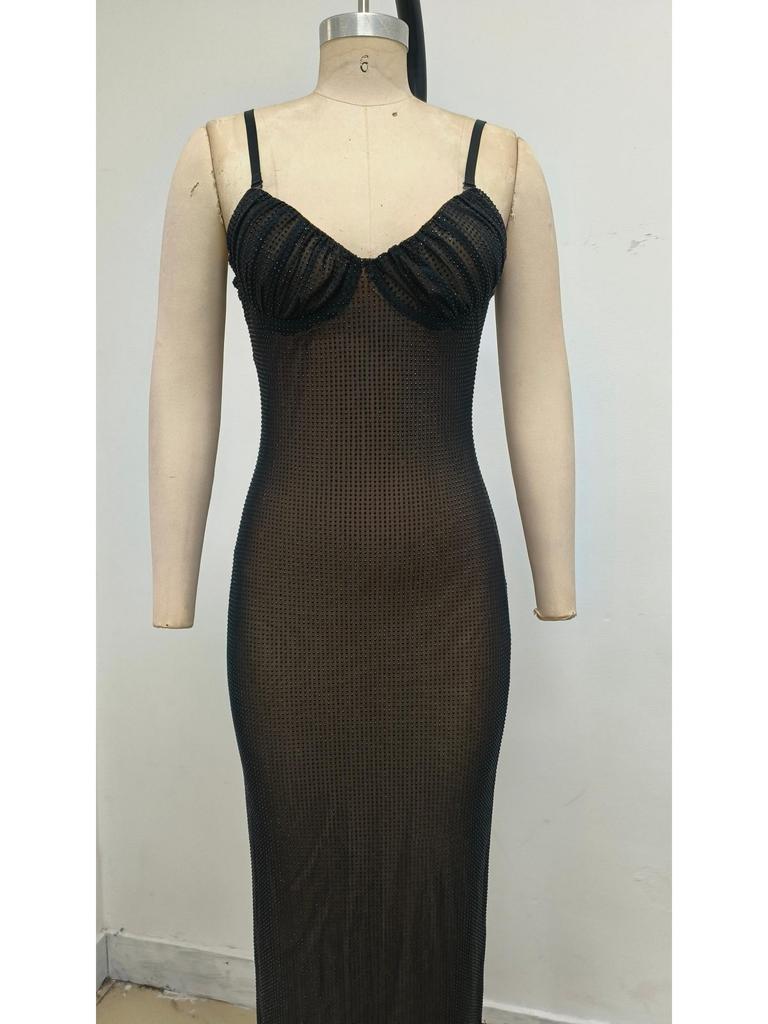European and American Rhinestone Spaghetti Strap Mesh Evening Gown - Sexy Slim Fit Hip Hugger Skirt for Nightclub and Banquet Parties