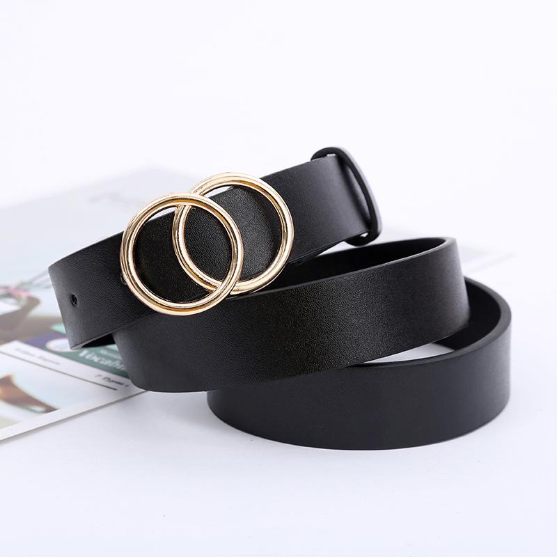 Women's Black Minimalist Double O Buckle Leather Belt – Korean-Style Waistband, Thin Fashion Accessory for Skirts and Jeans