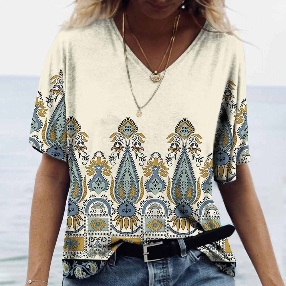 Summer V-neck 3D Vintage Ethnic Printed Top Fashionable Casual Bohemian Style Short Sleeved Women's T-shirts
